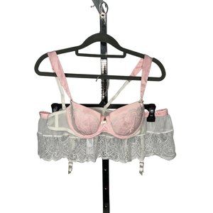 Knickerbox British Underwear set Bra Suspender Garter Belt 36A US10 Pink White